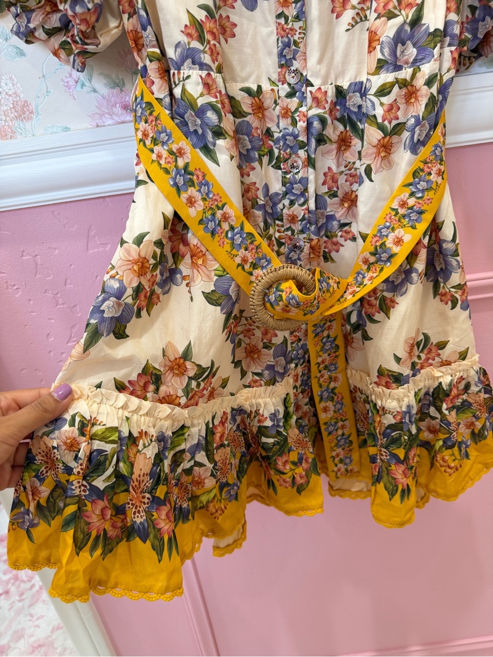 FARM Rio Cream Floral Puff-Sleeve Mini with Yellow Trim - Picture 6 of 7
